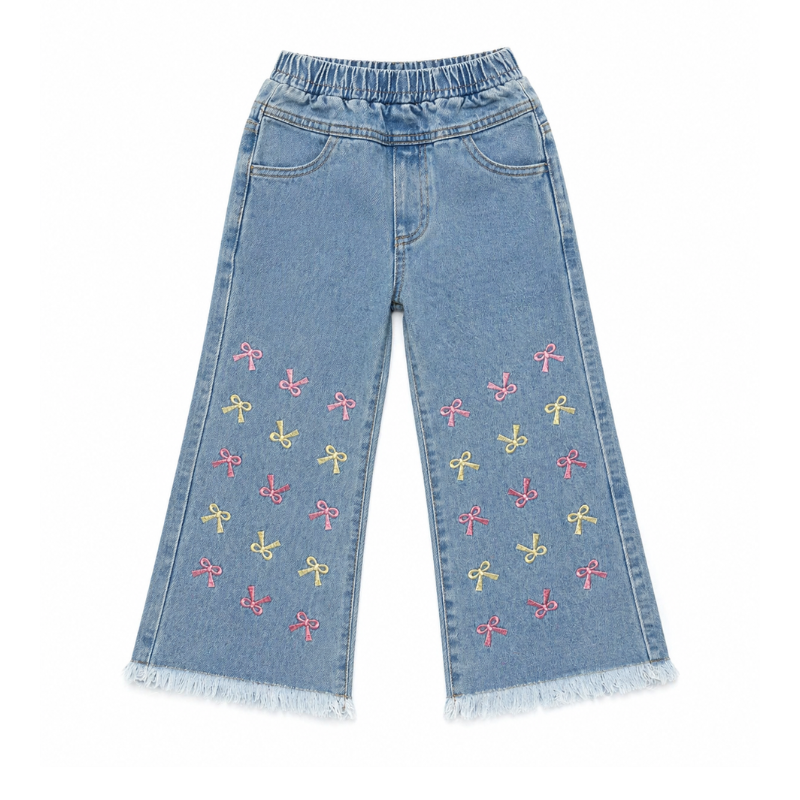Blue Bow Embroidered Flared Denim