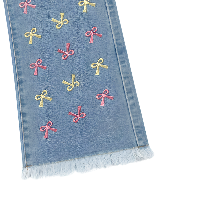 Blue Bow Embroidered Flared Denim