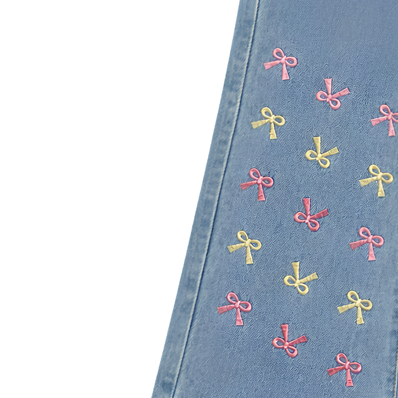 Blue Bow Embroidered Flared Denim