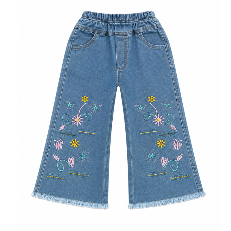 Blue Flower Embroidered Flared Denim