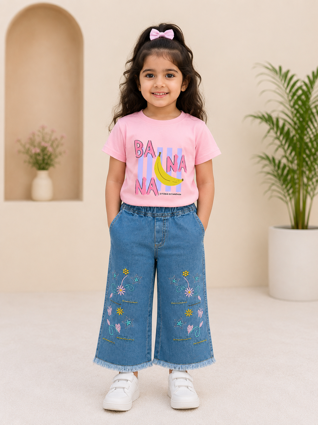 Blue Flower Embroidered Flared Denim