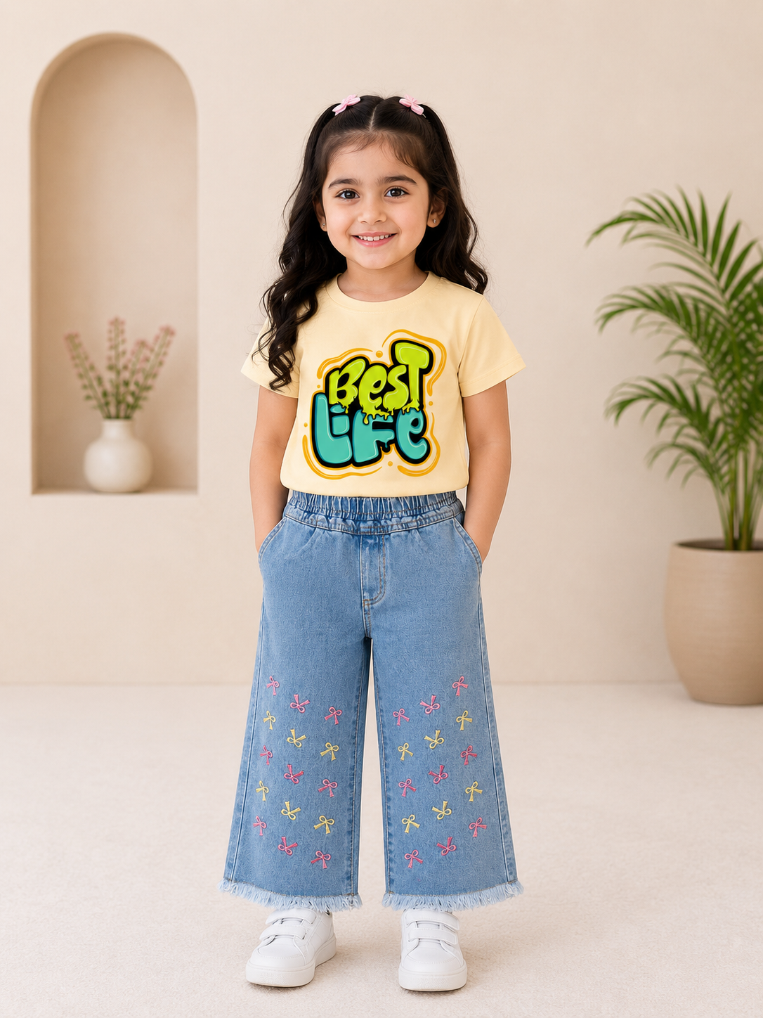 Blue Bow Embroidered Flared Denim