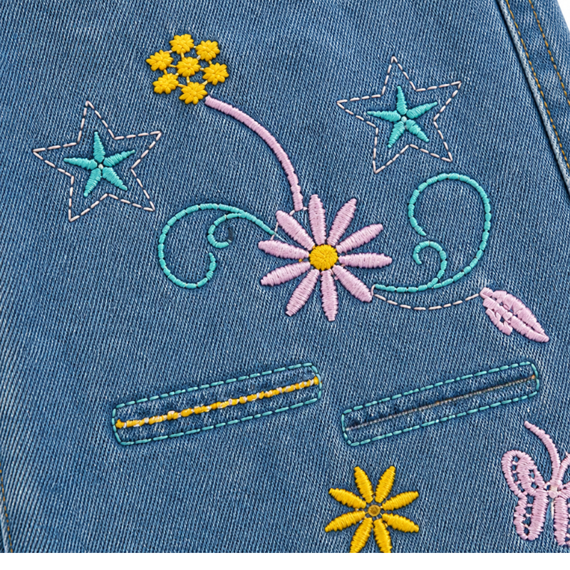 Blue Flower Embroidered Flared Denim