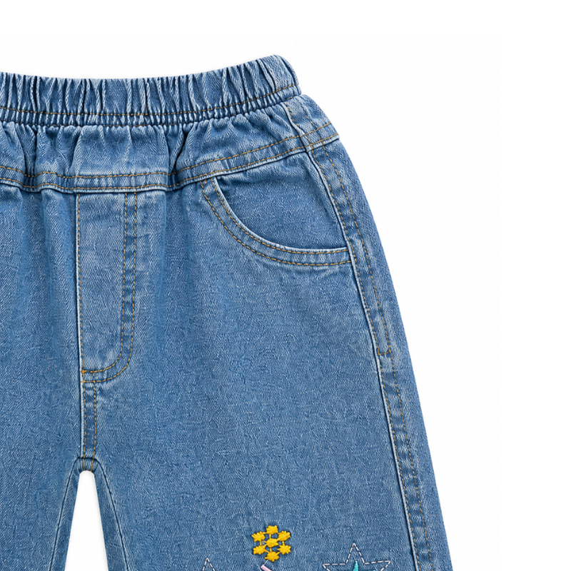 Blue Flower Embroidered Flared Denim